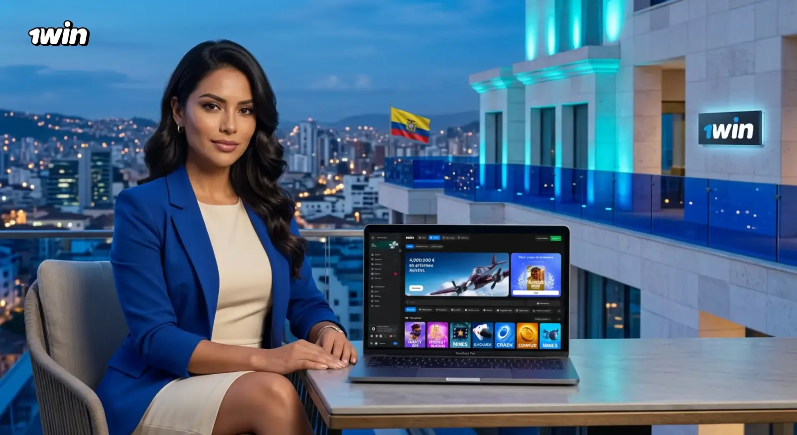 Mujer en un balcón con vista nocturna de una ciudad ecuatoriana y la bandera de Ecuador, con el casino de 1win abierto en su laptop