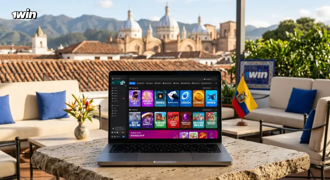 Laptop con el lobby de casino de 1win en una terraza frente a las cúpulas de una catedral colonial ecuatoriana