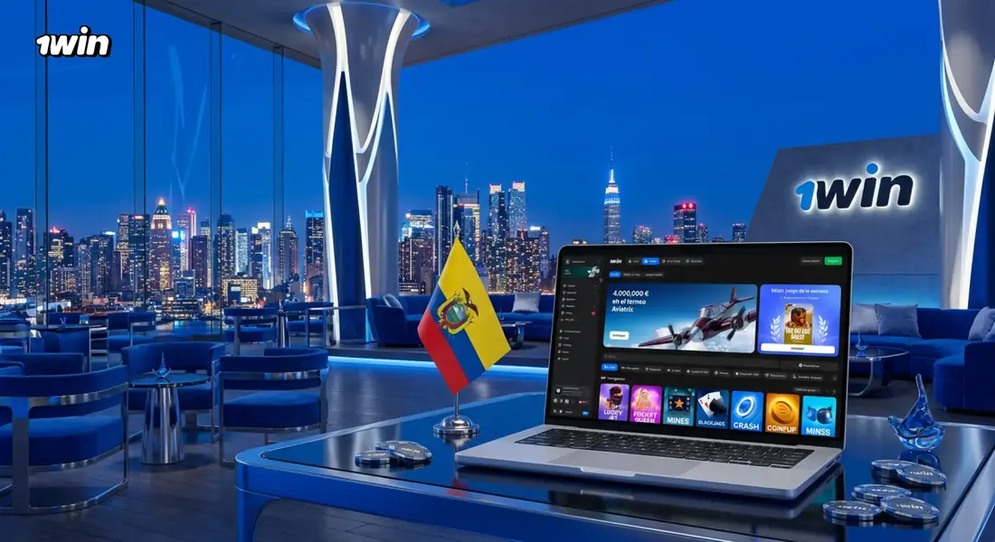 Laptop con 1win en un salón VIP iluminado en azul, con fichas de casino y la bandera de Ecuador sobre la mesa